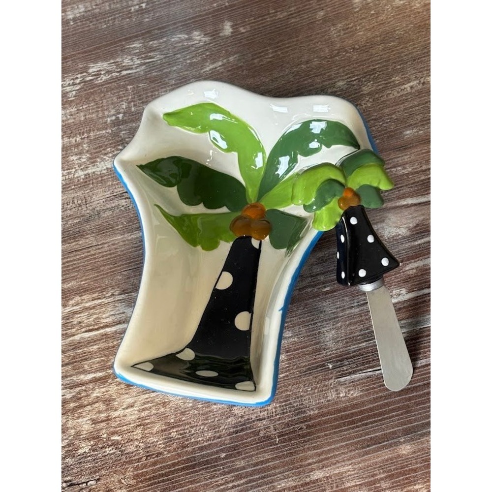 Vintage Mainstreet Collection Hand Painted Palm Tree Cheese Server‎ Set